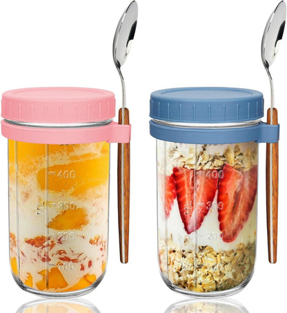 Müslibecher Glas 2er Set 600ml to go mit Löffel, auslaufsicher