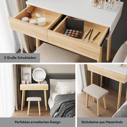 Schminktisch mit LED-Beleuchtung und Stuhl, 3 Schubladen