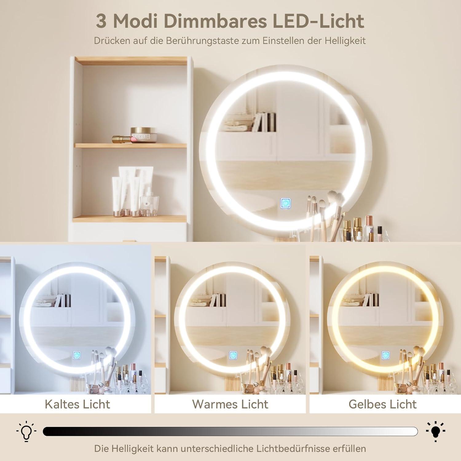 YU Schminktisch LED Spiegel Stuhl 3 Schubladen 2 Ablagen Vanity