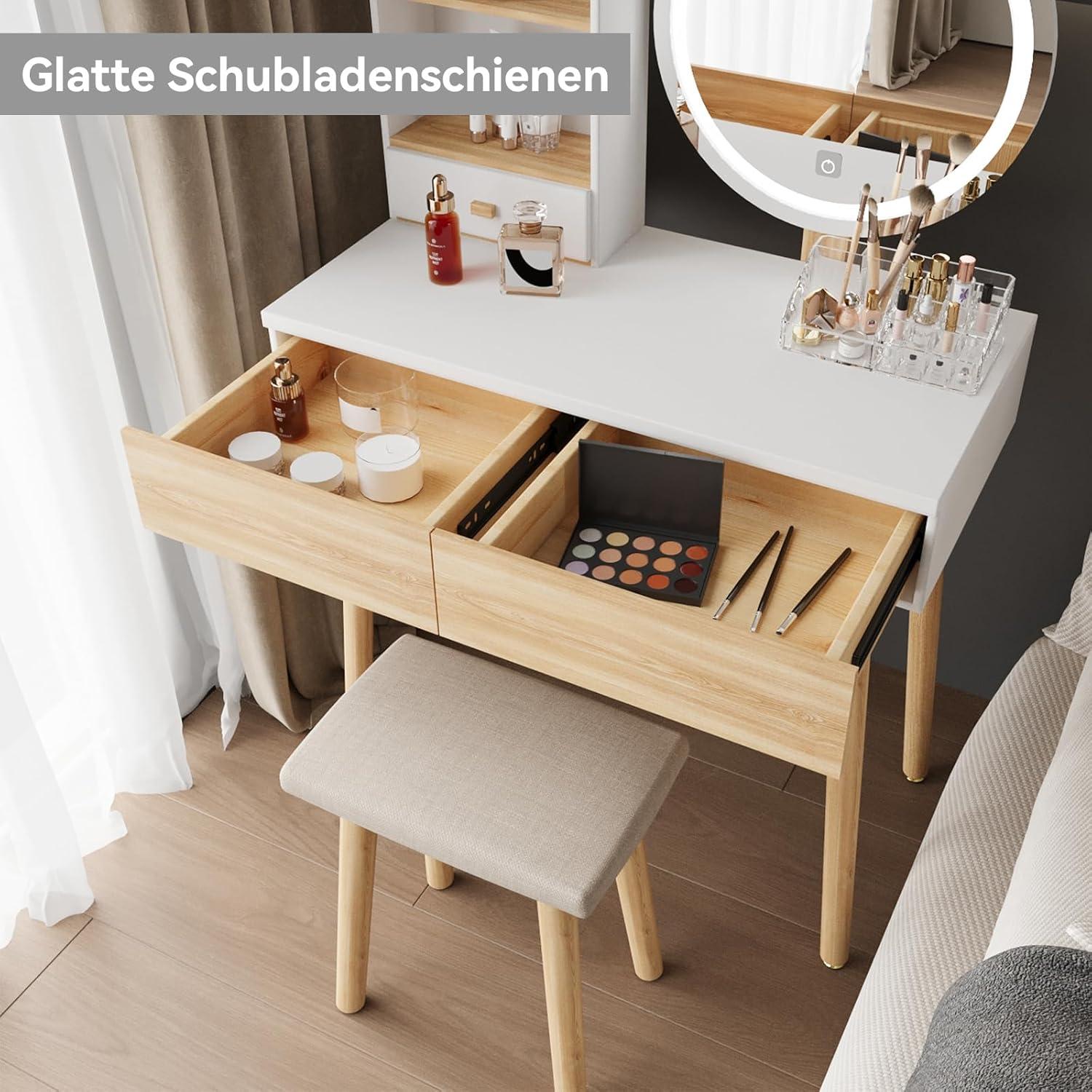 YU Schminktisch LED Spiegel Stuhl 3 Schubladen 2 Ablagen Vanity