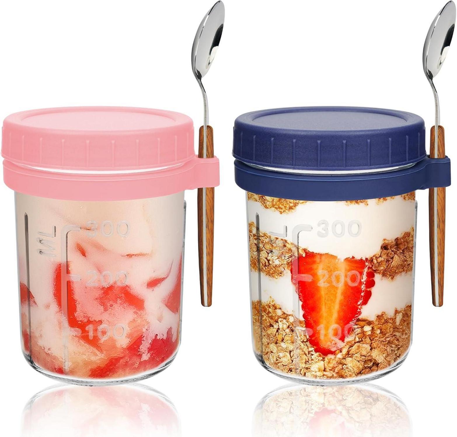 Joghurtgläser 2er Set mit Löffel und Deckel, 350ml Mason Jar