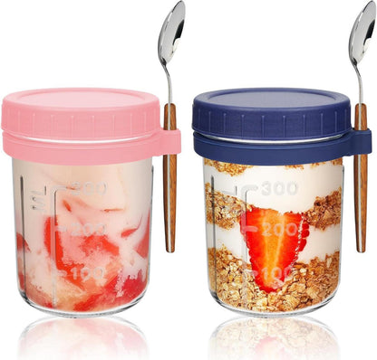 Joghurtgläser 2er Set mit Löffel und Deckel, 350ml Mason Jar