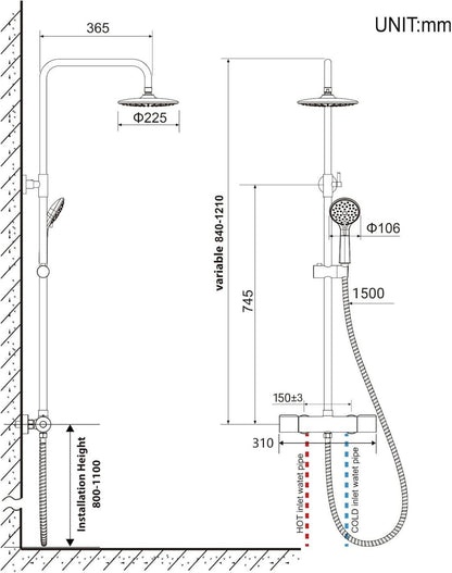 Duschsystem Thermostat Schwarz Regendusche Höhenverstellbar Edelstahl 3