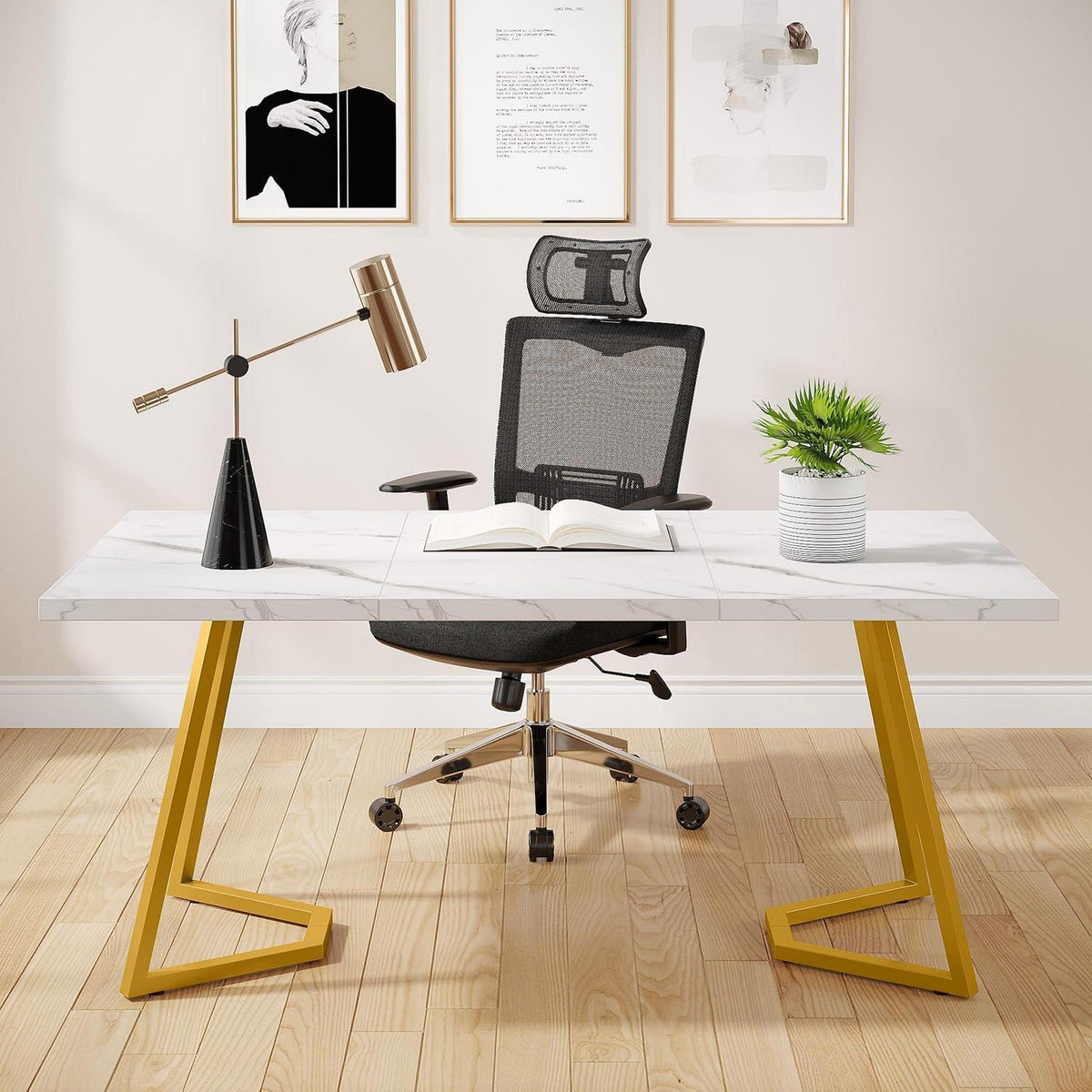 Weiß-Goldener Schreibtisch 140x80cm – Modernes Home Office