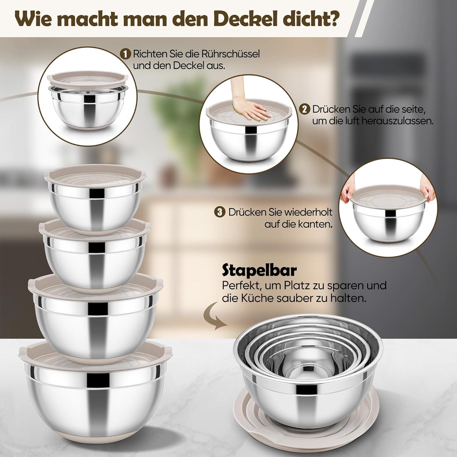 Edelstahl Rührschüssel Set mit luftdichtem Deckel und
