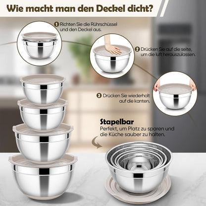 Edelstahl Rührschüssel Set mit luftdichtem Deckel und