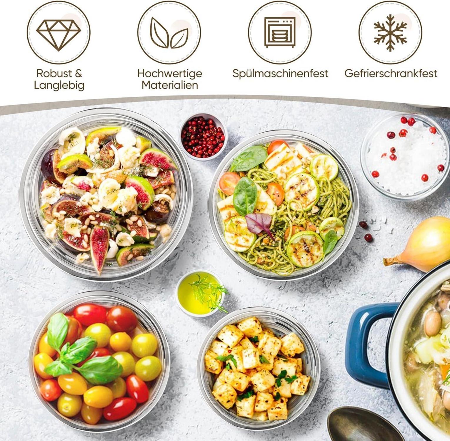 Rührschüssel Set 4er Edelstahl Salatschüssel Deckel Silikonboden 4,6L 2,8L 1,5L
