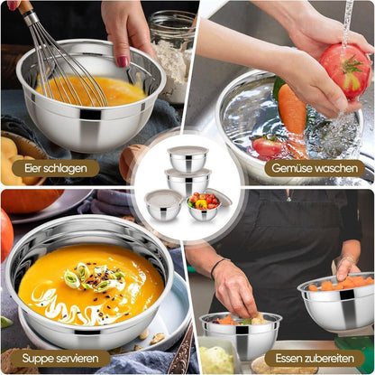 Rührschüssel Set 4er Edelstahl Salatschüssel Deckel Silikonboden 4,6L 2,8L 1,5L