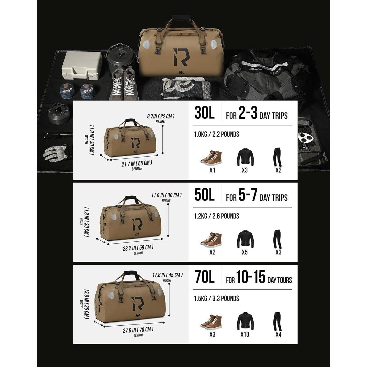 Wasserdichte Motorrad Gepäckrolle 30L – Braun