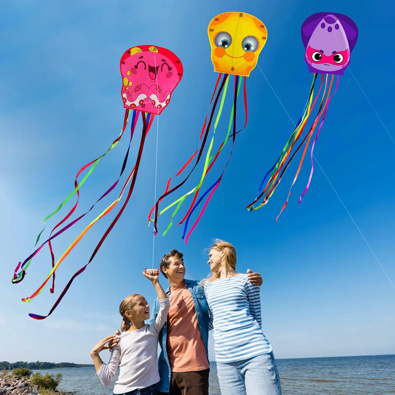 Pack of 3 Cartoon Octopus Kites for Kids and Adults - Easy