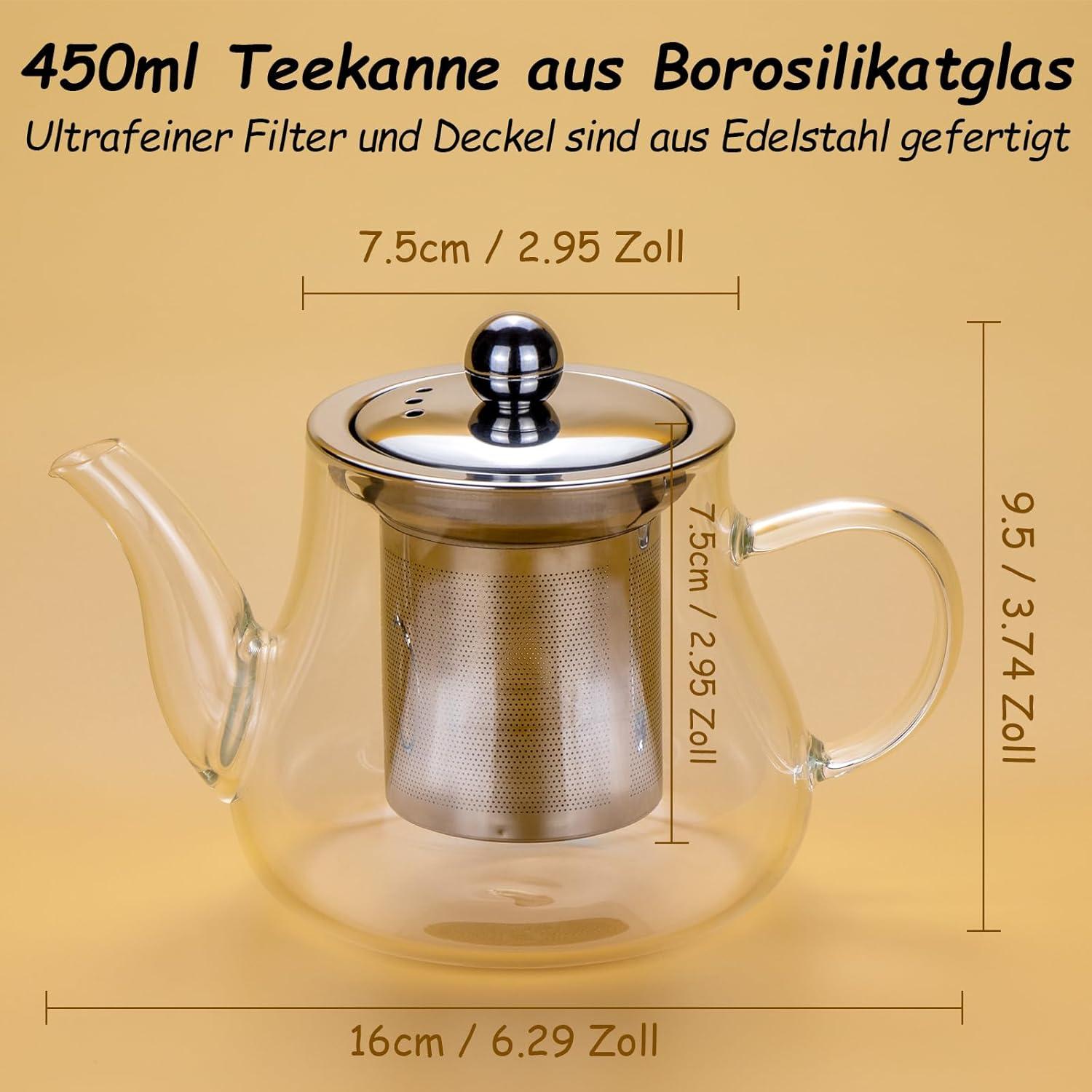 Teekanne Glas 450ml mit Abnehmbarem Edelstahl Filter