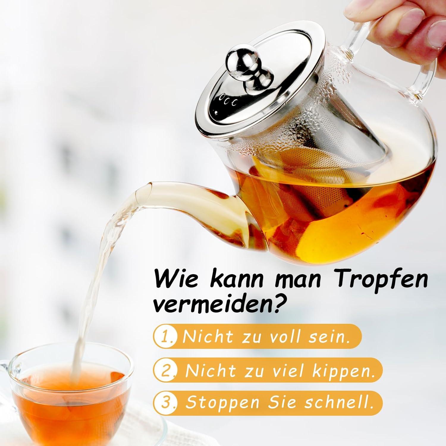 Glas Teekanne 450ml mit Edelstahl Filter Abnehmbar Borosilikat Teebereiter