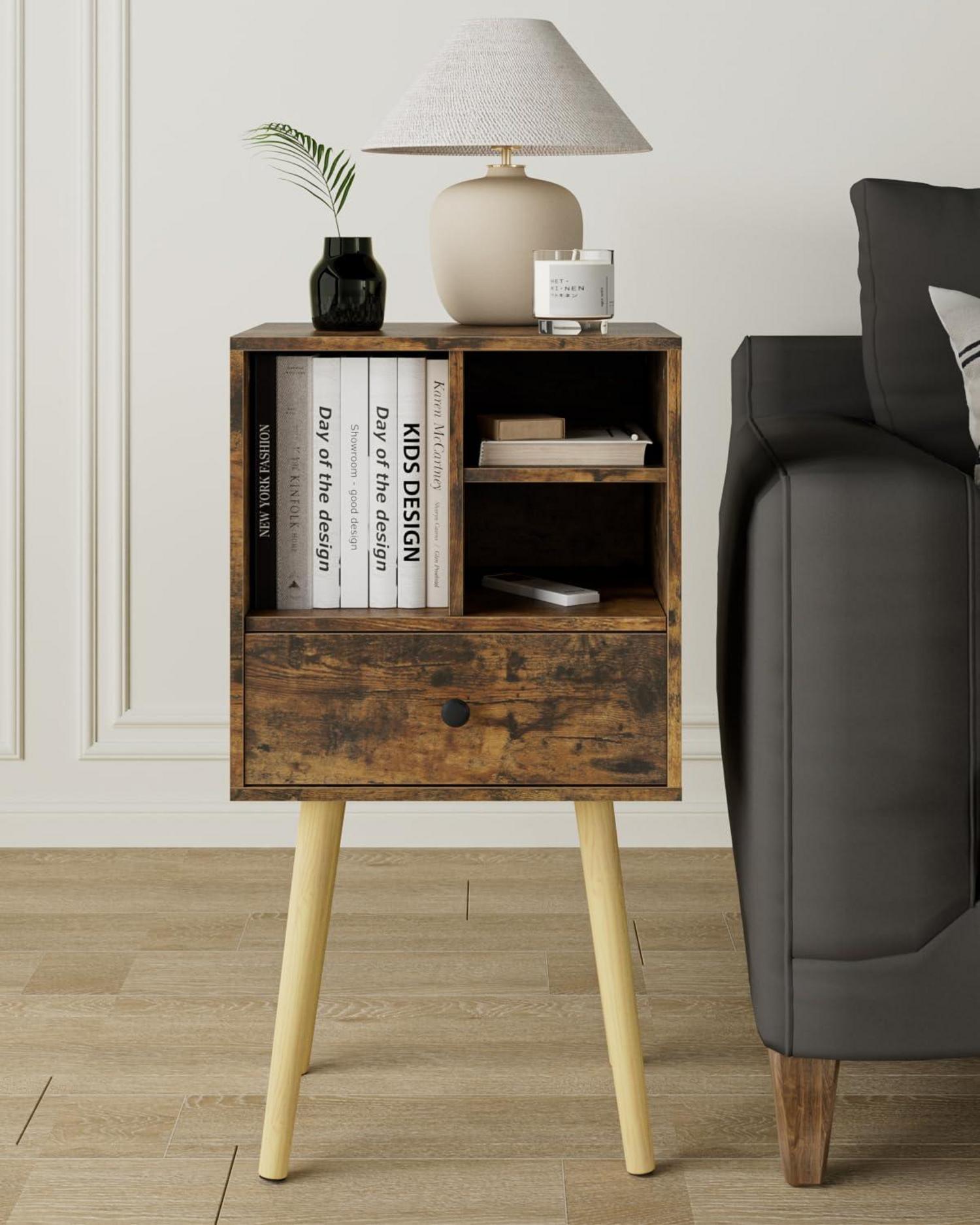 Modernes Holz-Nachttisch Retro-Braun mit Schublade Schlafzimmer Wohnzimmer