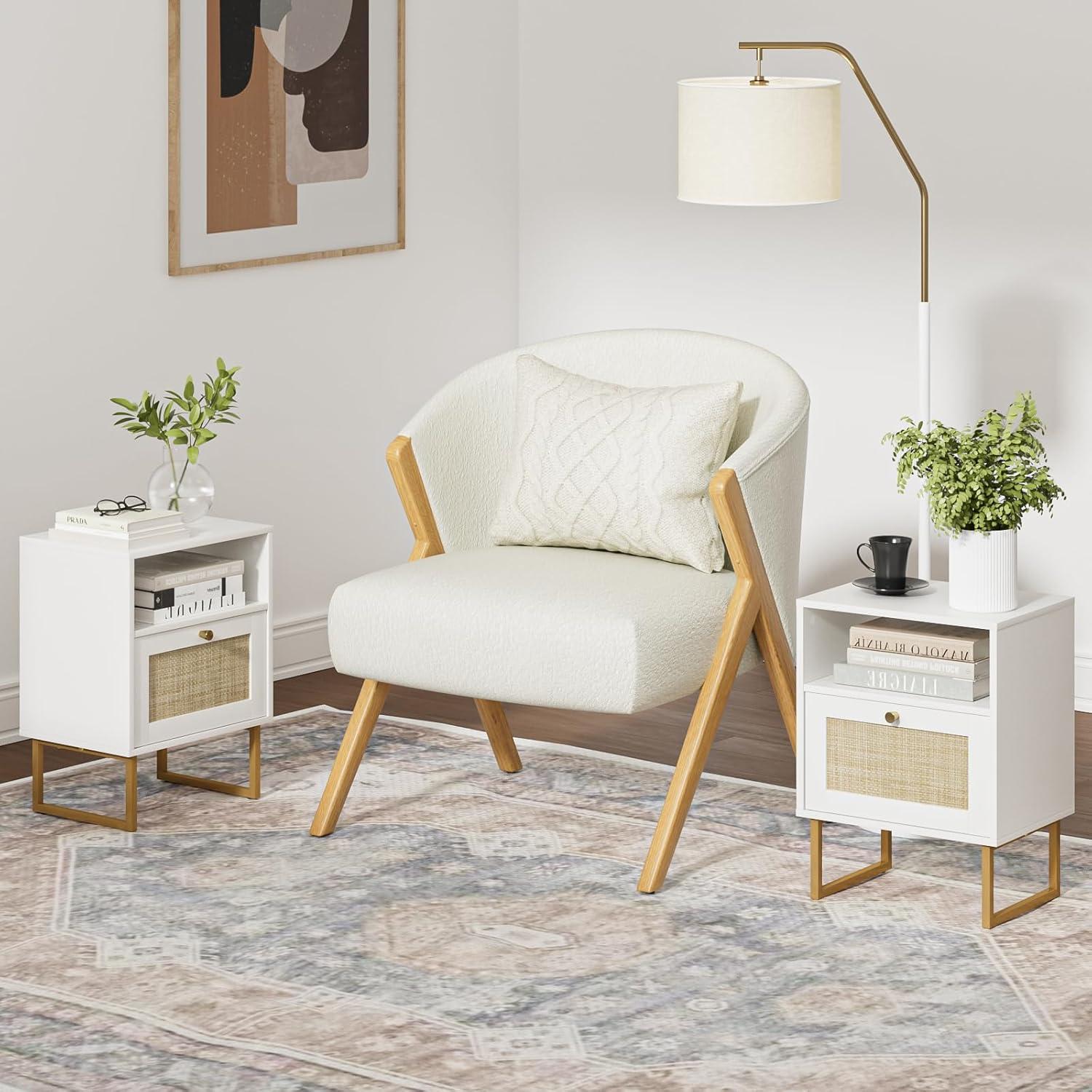 Nachttisch Rattan mit Schublade und Regal, Beistelltisch
