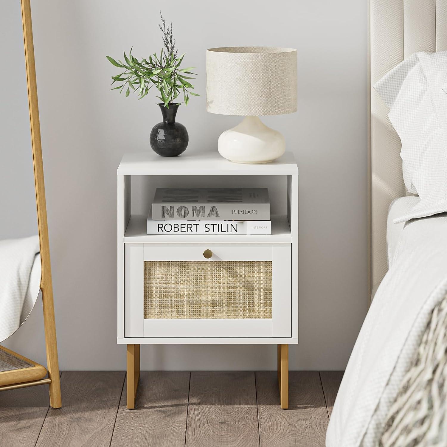 Boho Nachttisch Rattan Holz Schublade Regal golden Schlafzimmer