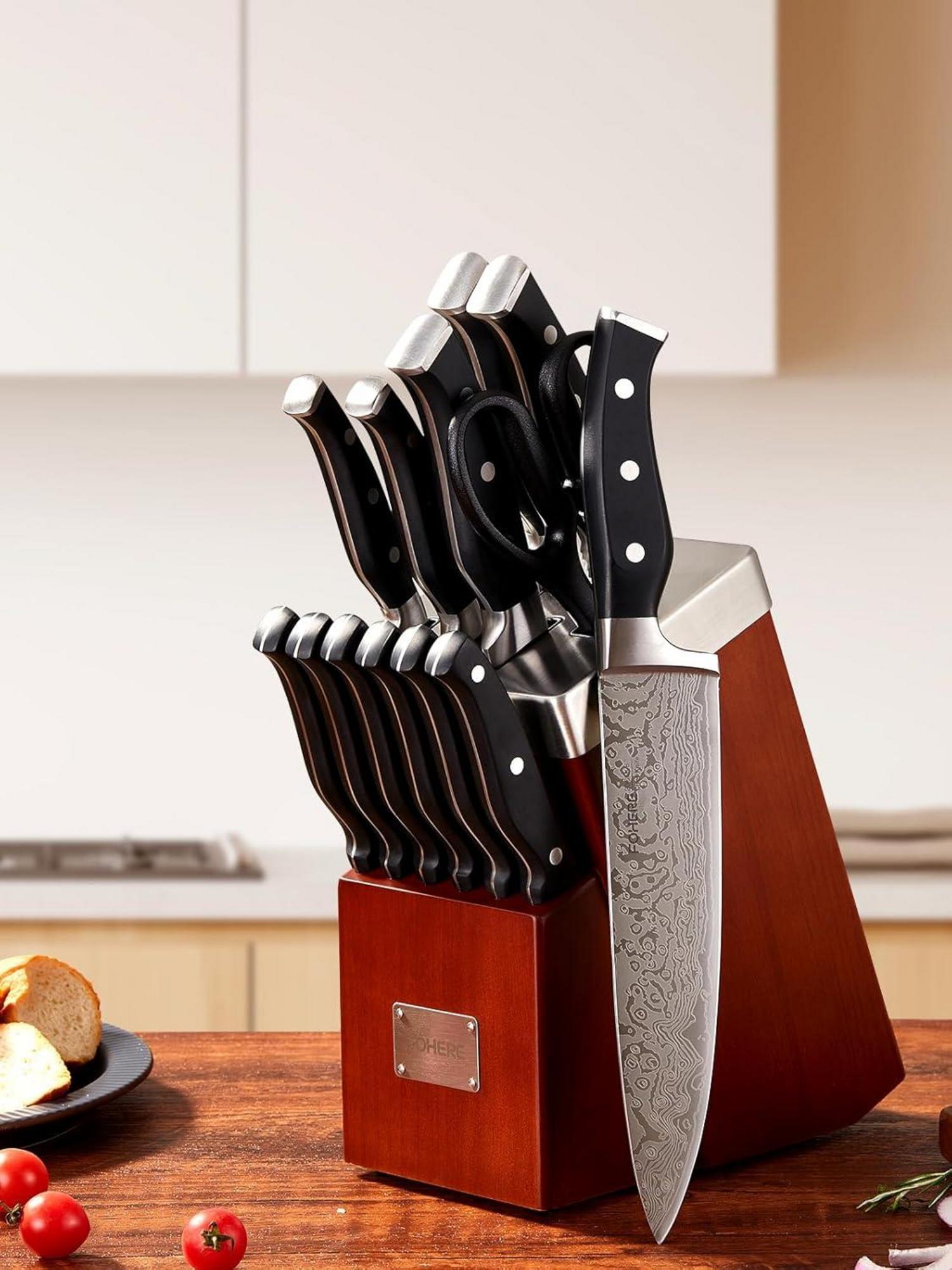 FOHERE Selbstschärfender Messerblock Set 14-teilig Edelstahl Rotbraun