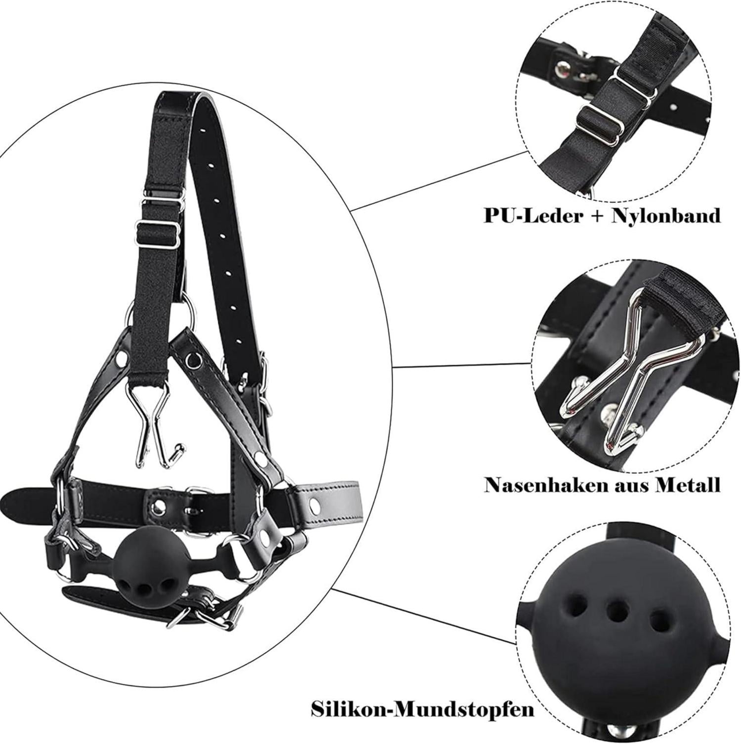 BDSM Kopf Harness Silikon Gag-Ball Nasenhaken Set