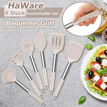 Küchenhelfer Set 6-teilig Silikon Kochutensilien Antihaft Edelstahl Khaki