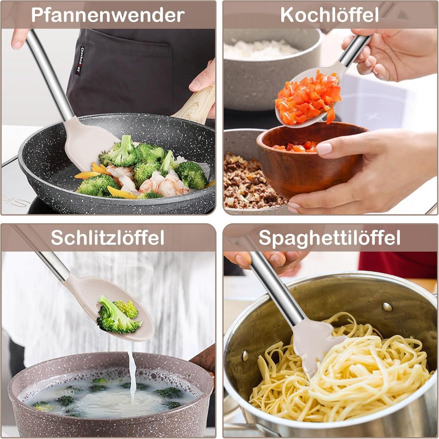 Küchenhelfer Set 6-teilig Silikon Kochutensilien Antihaft Edelstahl Khaki