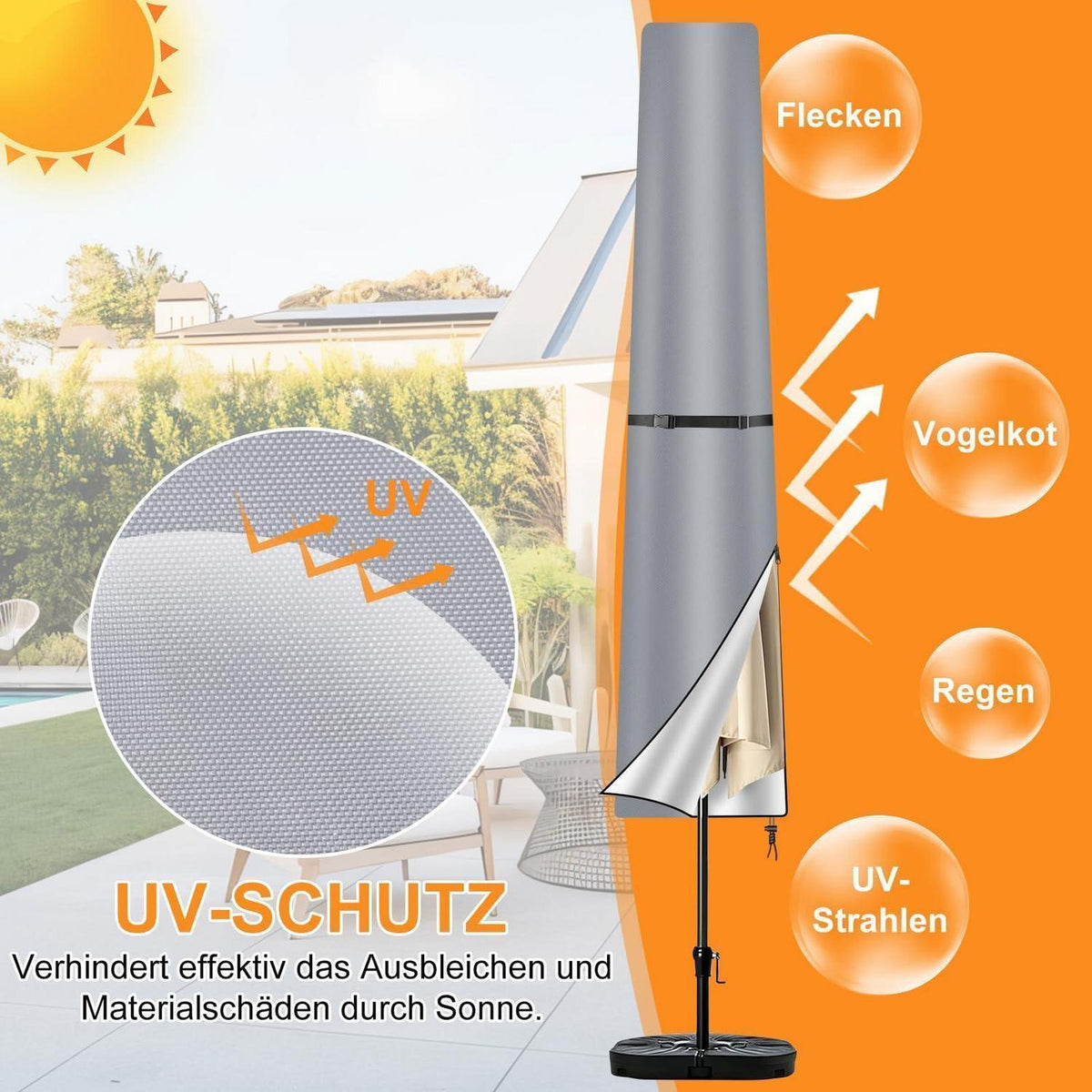 Sonnenschirm Schutzhülle 170cm Grau mit Stab & Aufbewahrungstasche