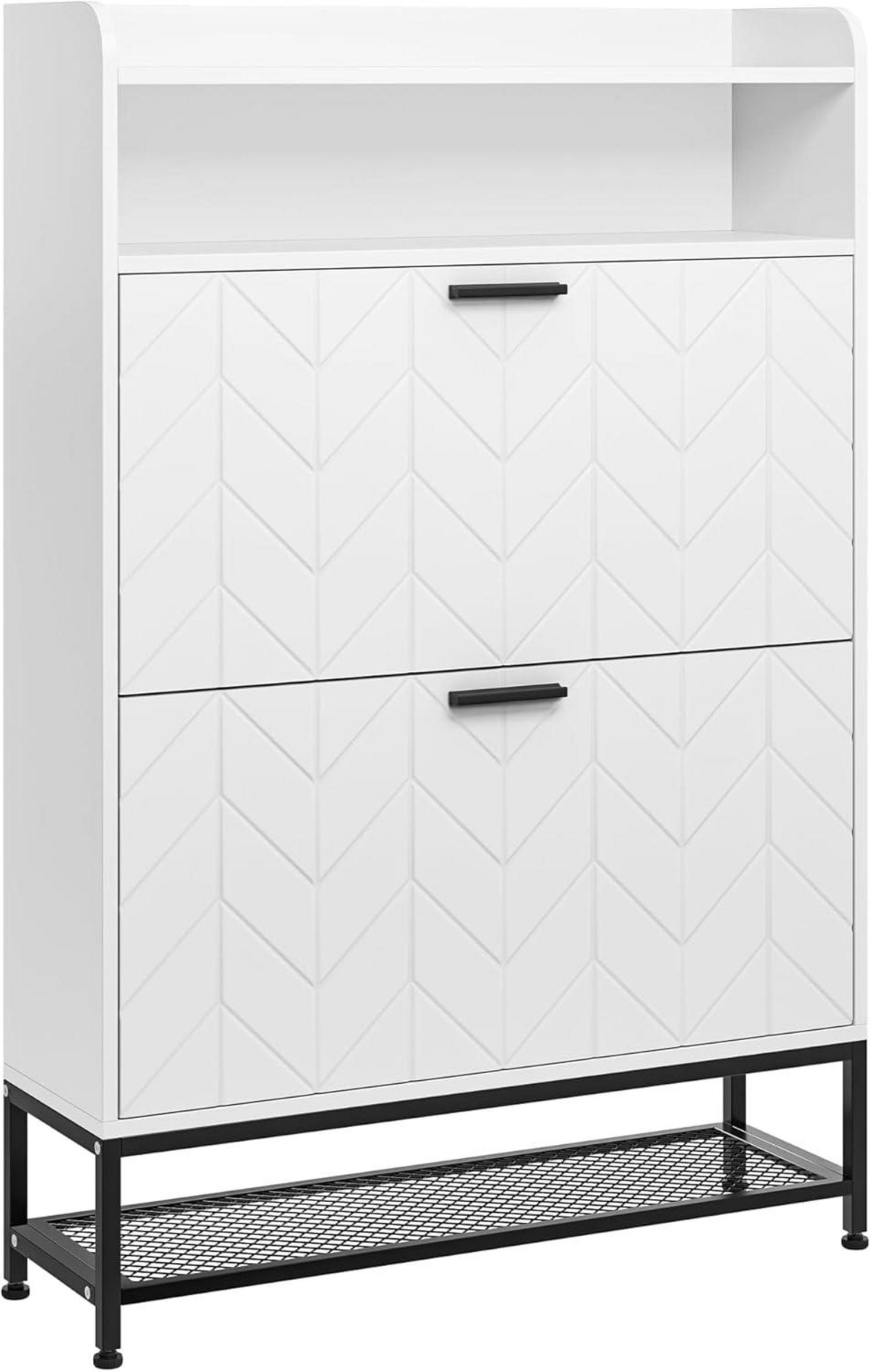 Schuhschrank Holz 2 Klappschubladen offene Regale Metallbeine