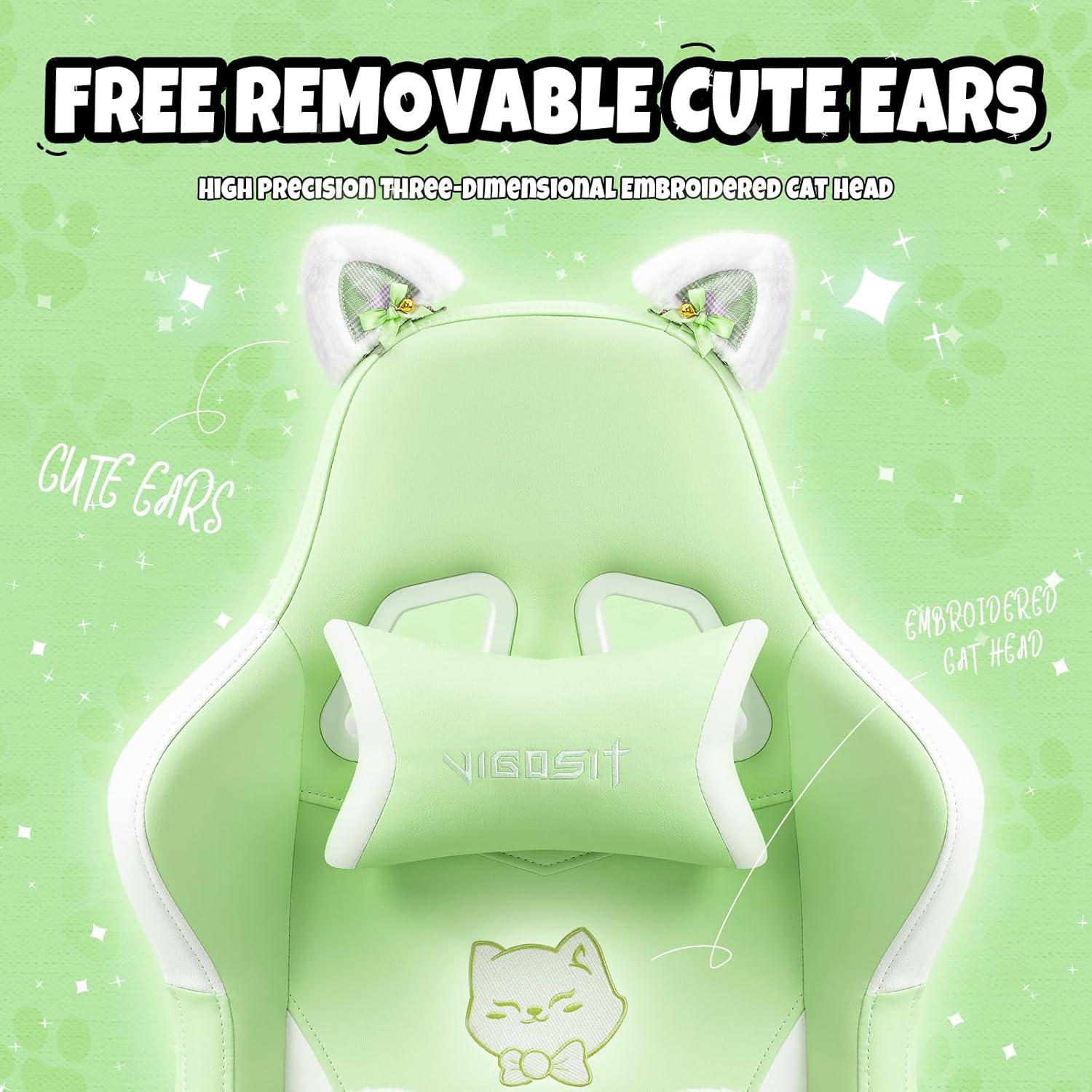 Cute Gaming Stuhl Kinder Mädchen ergonomisch Katzenohren Lendenkissen Green