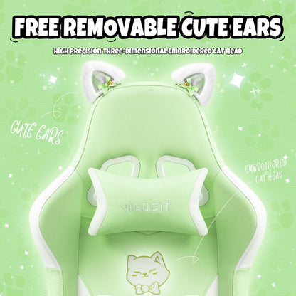 Cute Gaming Stuhl Kinder Mädchen ergonomisch Katzenohren Lendenkissen Green