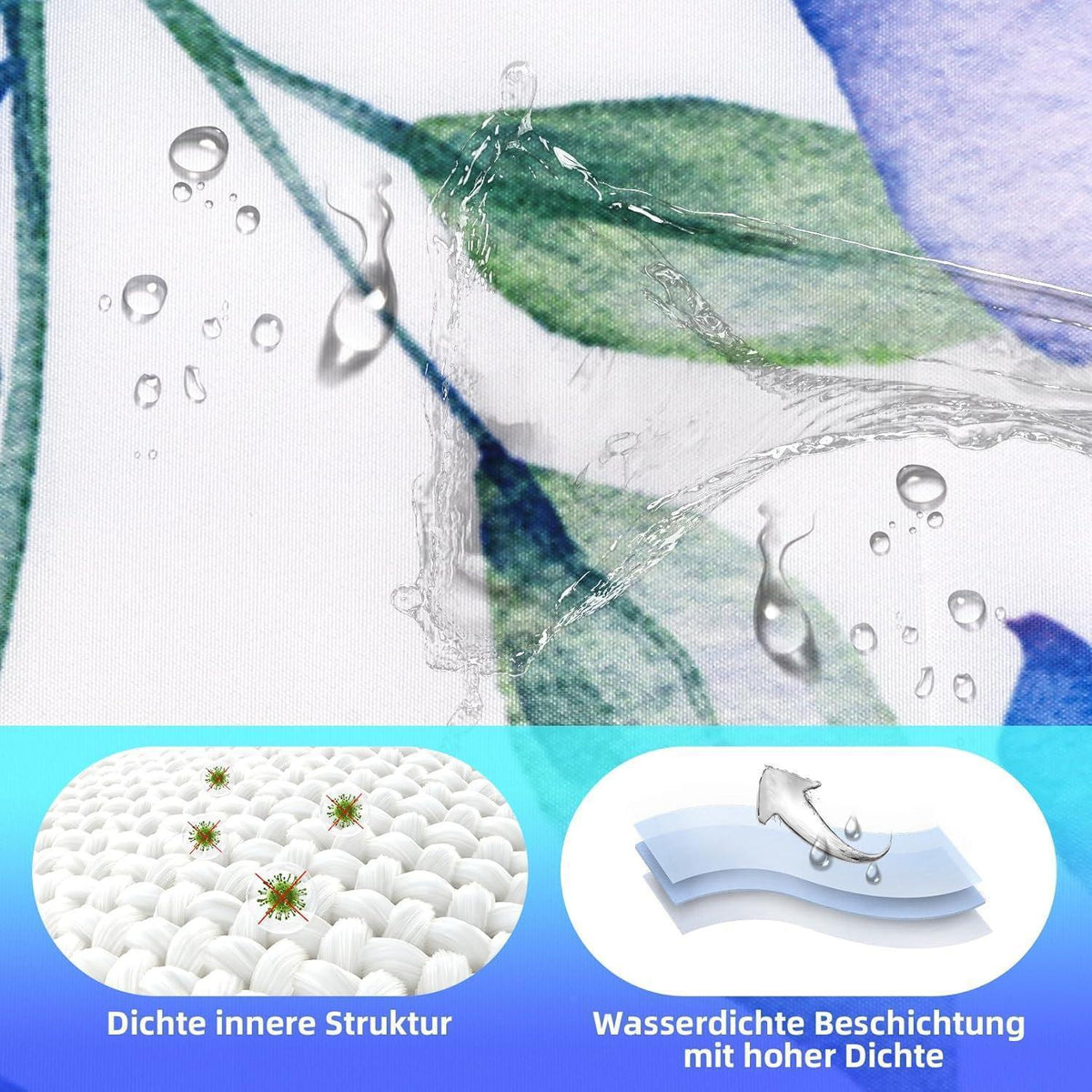 Duschvorhang Blau Pflanze 200x240cm Wasserdicht & Waschbar