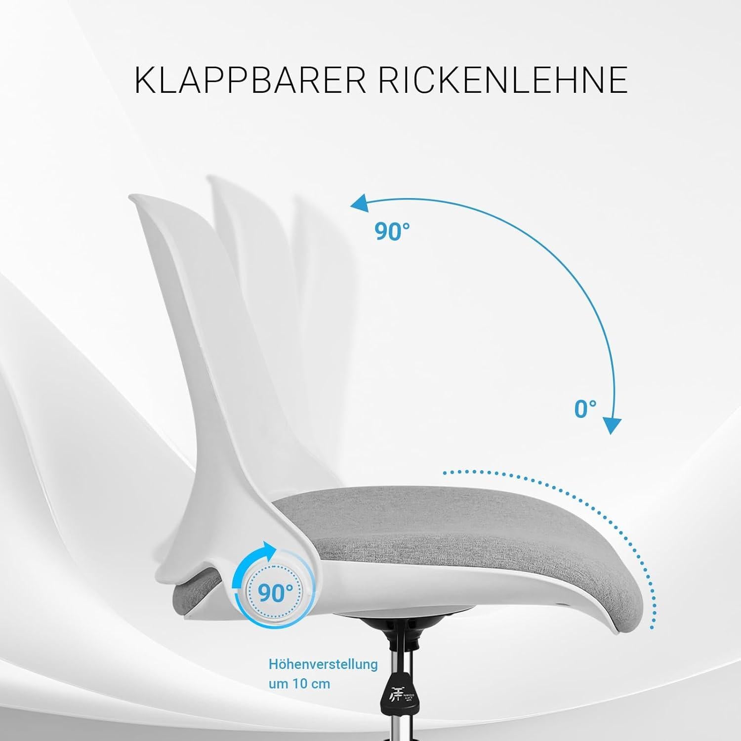 Ergonomischer Bürostuhl mit klappbarer Rückenlehne und Rollen in Grau
