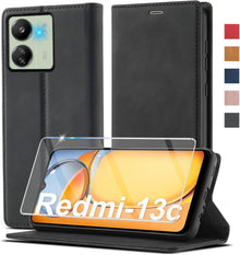 Handyhülle Xiaomi Redmi 13C Leder Klappbar Schwarz Schutzfolie