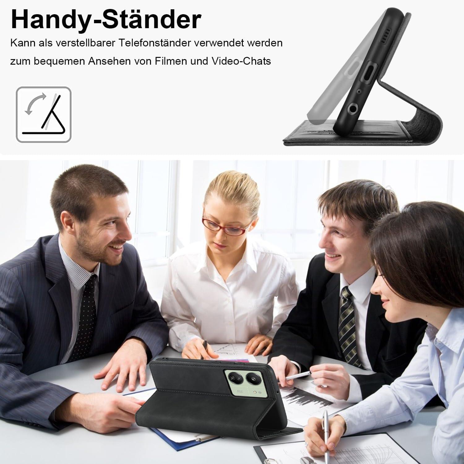 Handyhülle Xiaomi Redmi 13C Leder Klappbar Schwarz Schutzfolie