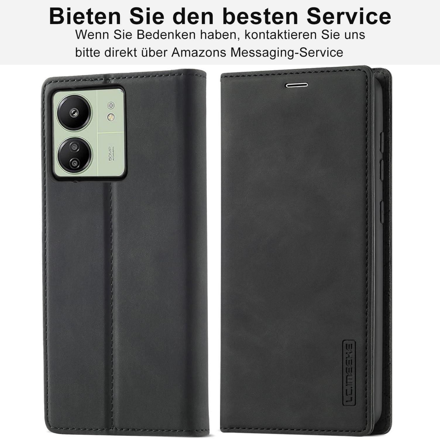 Schwarze Klapphülle Xiaomi Redmi 13C Leder Wallet mit Schutzfolie