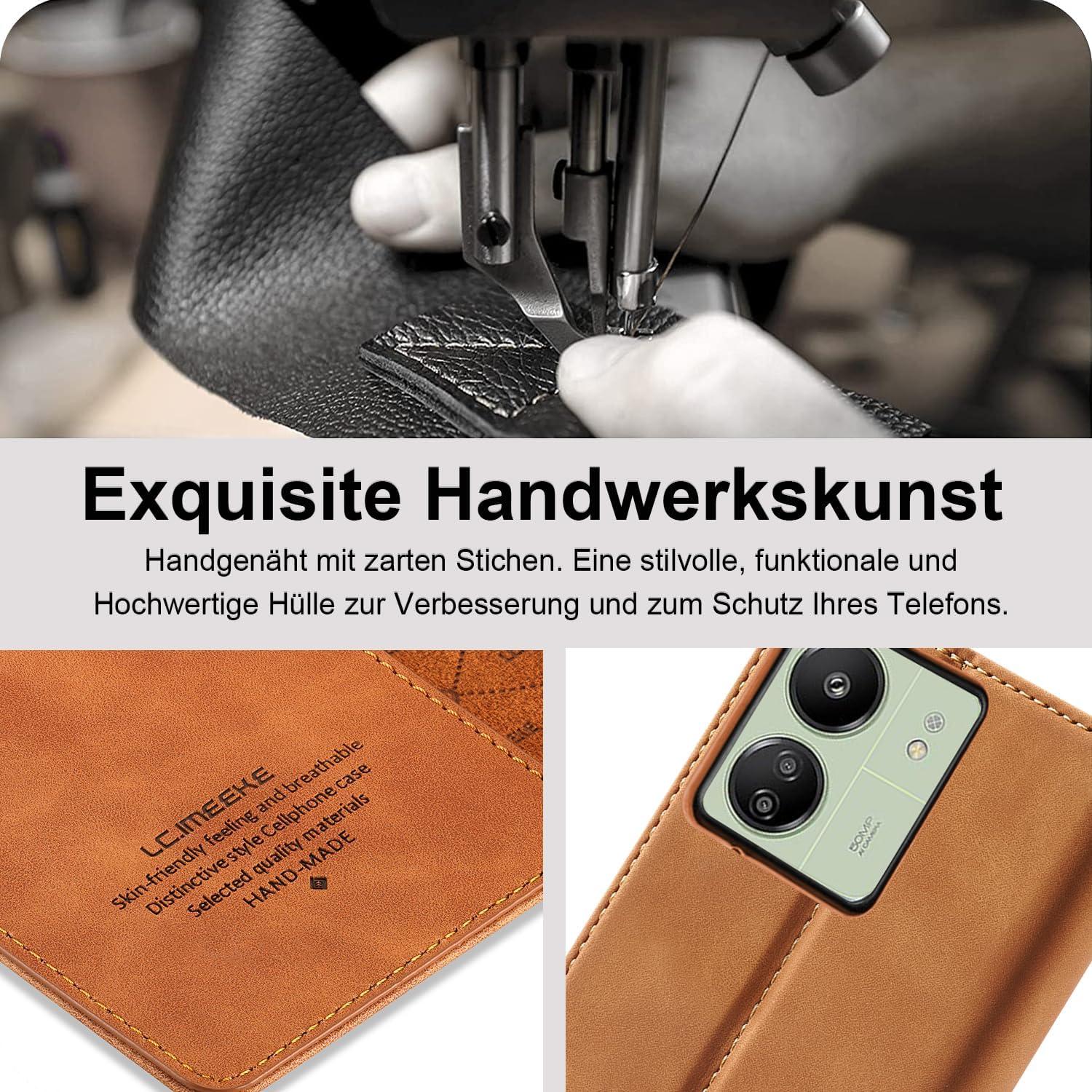 Xiaomi Redmi 13C Leder Hülle Wallet Schutzfolie Braun Ständer Magnet