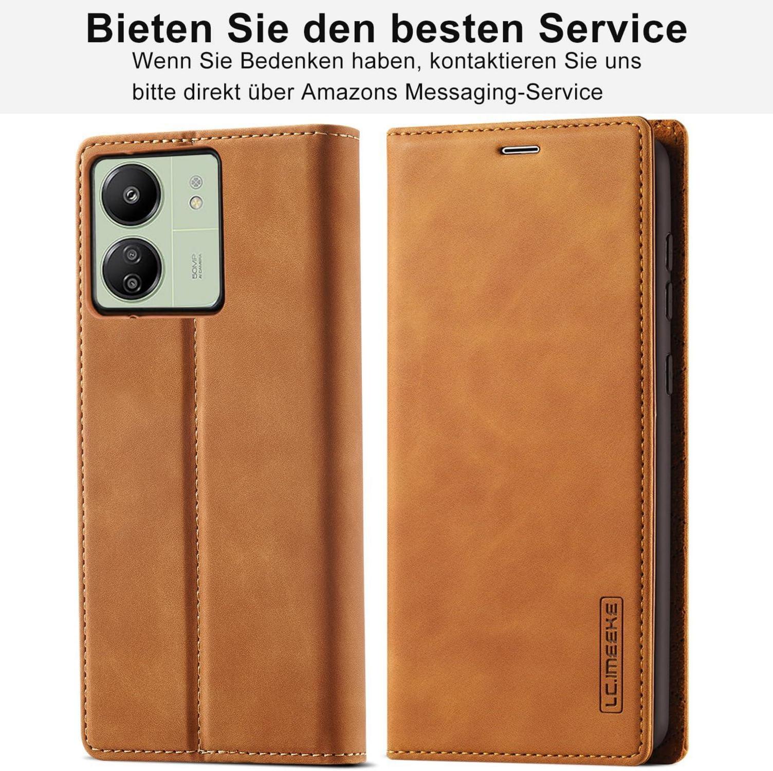 Xiaomi Redmi 13C Leder Hülle Wallet Schutzfolie Braun Ständer Magnet