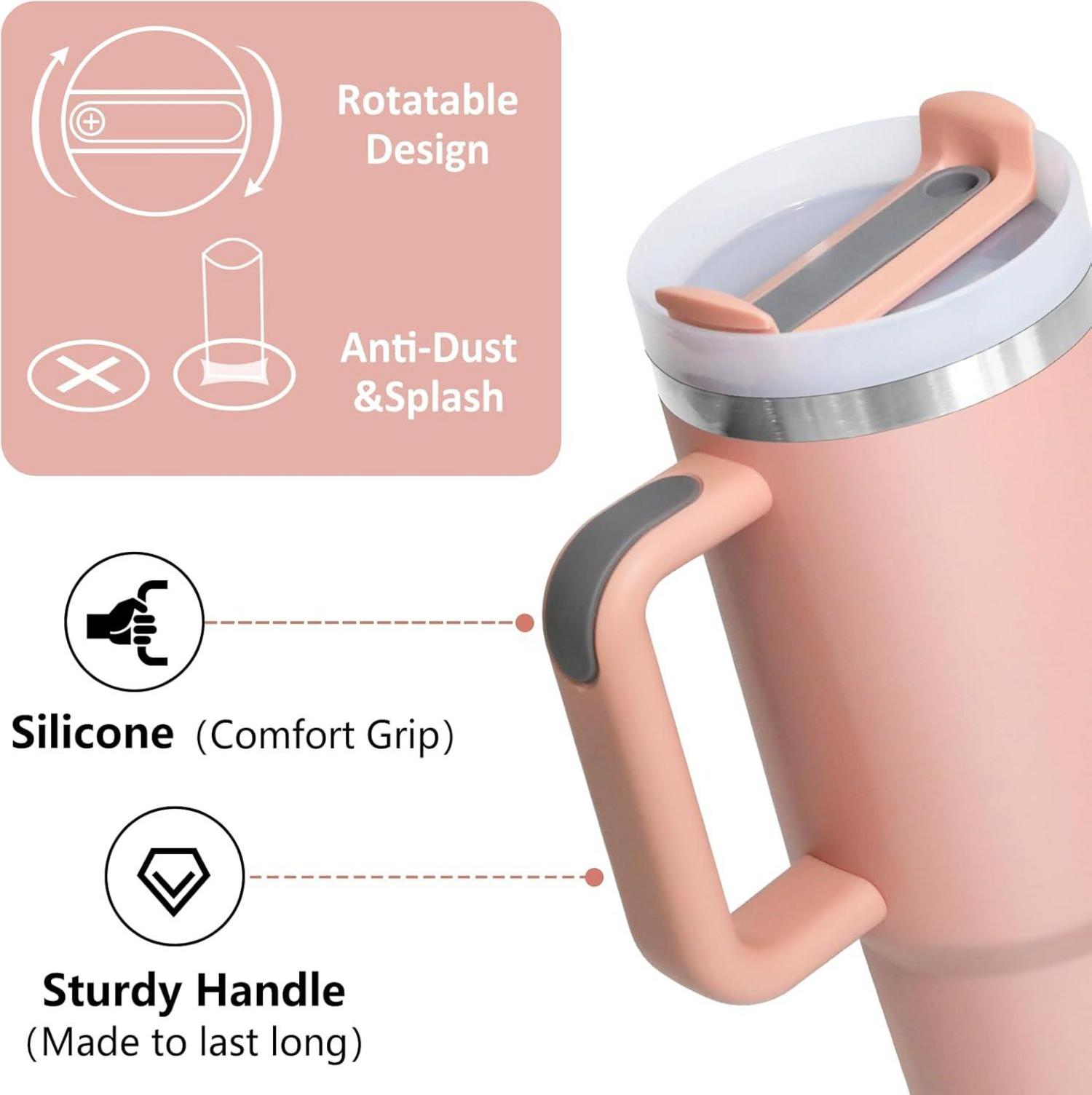 Thermobecher mit Strohhalm 1180ML Rosa Edelstahl Isolierbecher Tumbler Cup