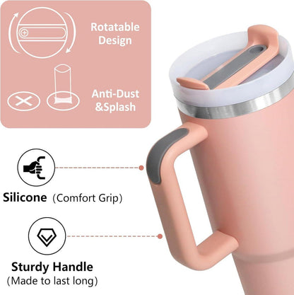 Thermobecher mit Strohhalm 1180ML Rosa Edelstahl Isolierbecher Tumbler Cup