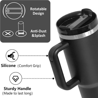 Thermobecher 1180ML mit Strohhalm Edelstahl Isolierbecher Schwarz