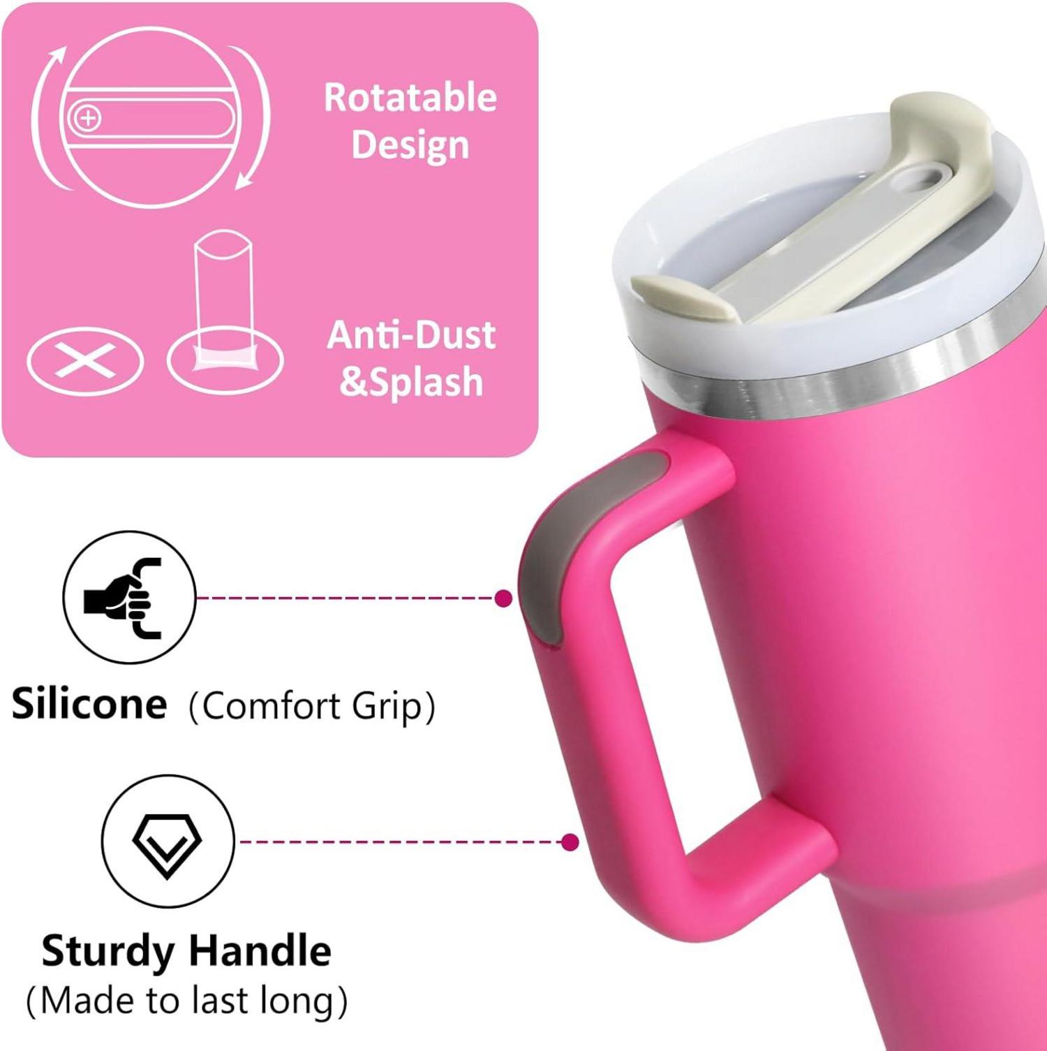 HNCY Thermobecher 1180ML Isolierbecher mit Strohhalm Rosenrot