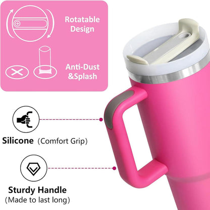 HNCY Thermobecher 1180ML Isolierbecher mit Strohhalm Rosenrot