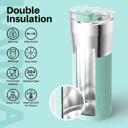 Thermobecher 500ml Edelstahl Doppelwandig Isoliert - Hält 10 Std. Heiß - Auslaufsicher mit Deckel BPA-frei Grün