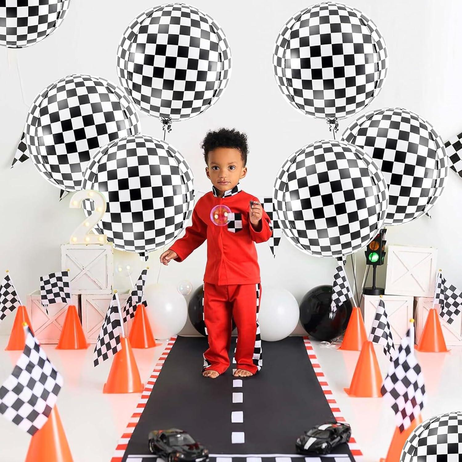 VIKY® 6 Stk Schwarz Weiß Kariert 22 Zoll 4D Folienballons Geburtstag Deko Jungen Mädchen