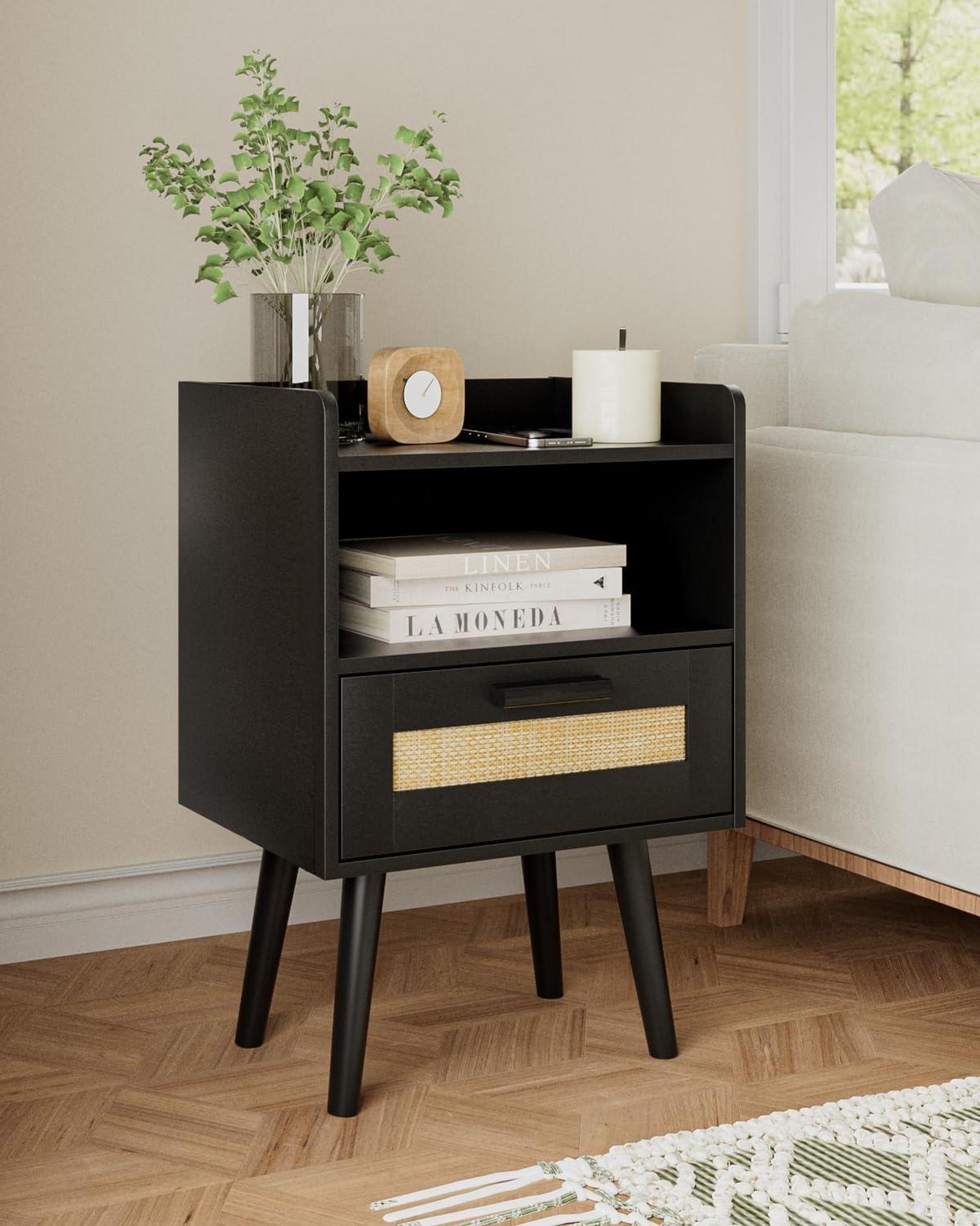 Nachttisch Rattan Schwarz Schublade Beistelltisch Gold Schafzimmer