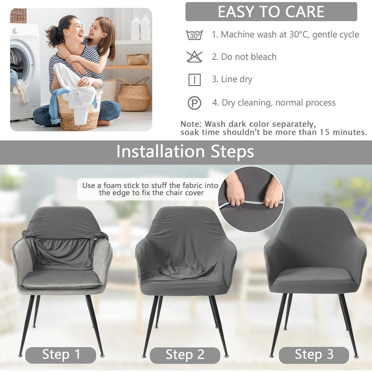 Stretch Stuhlhussen 2er Set – Grau, für Esszimmer & Büro