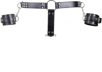 Faux Leder Harness mit Handschellen und Metall Penisring BDSM Fetisch