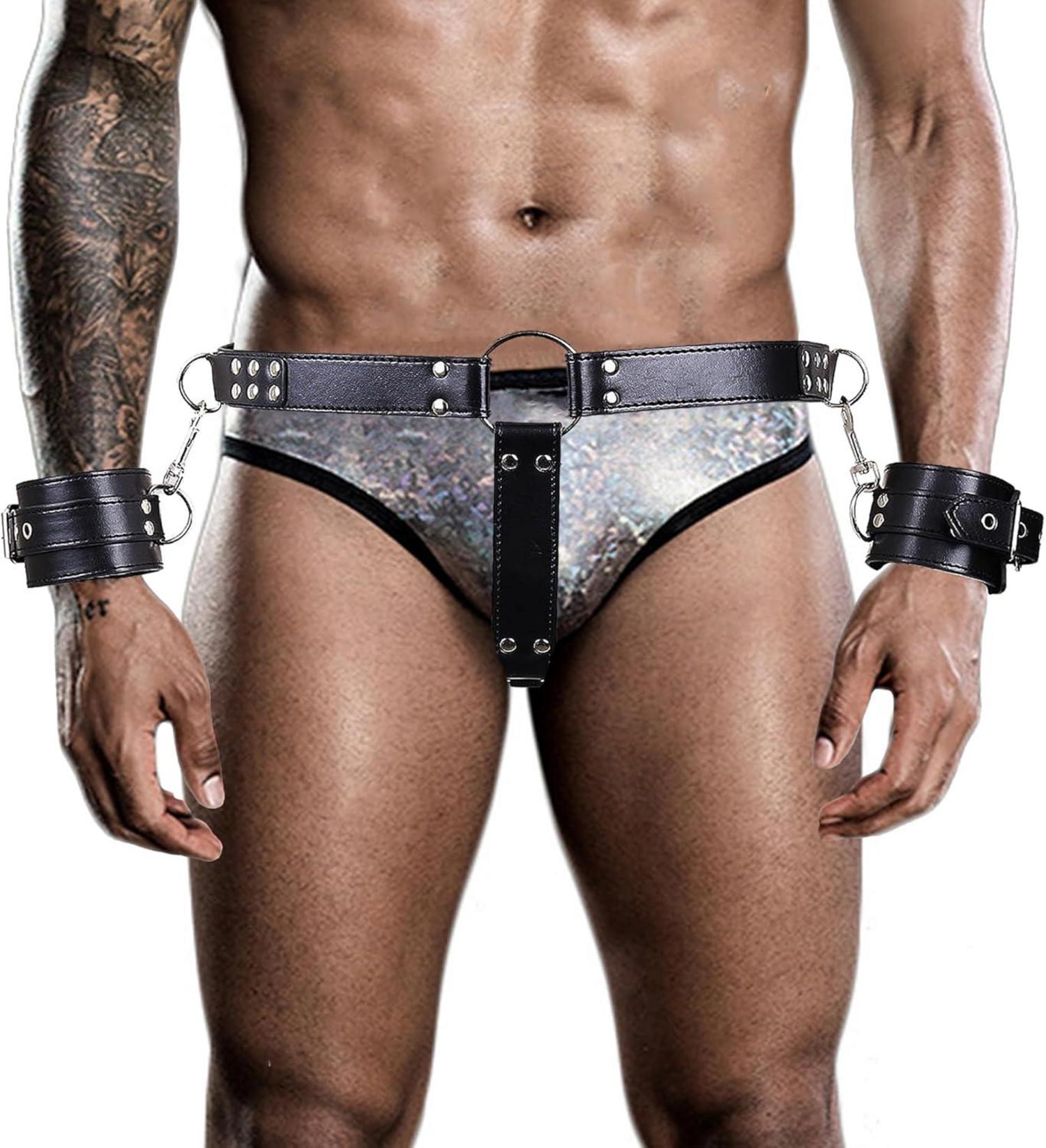 TUYMNI Männer Faux Leder Harness mit Handschellen und