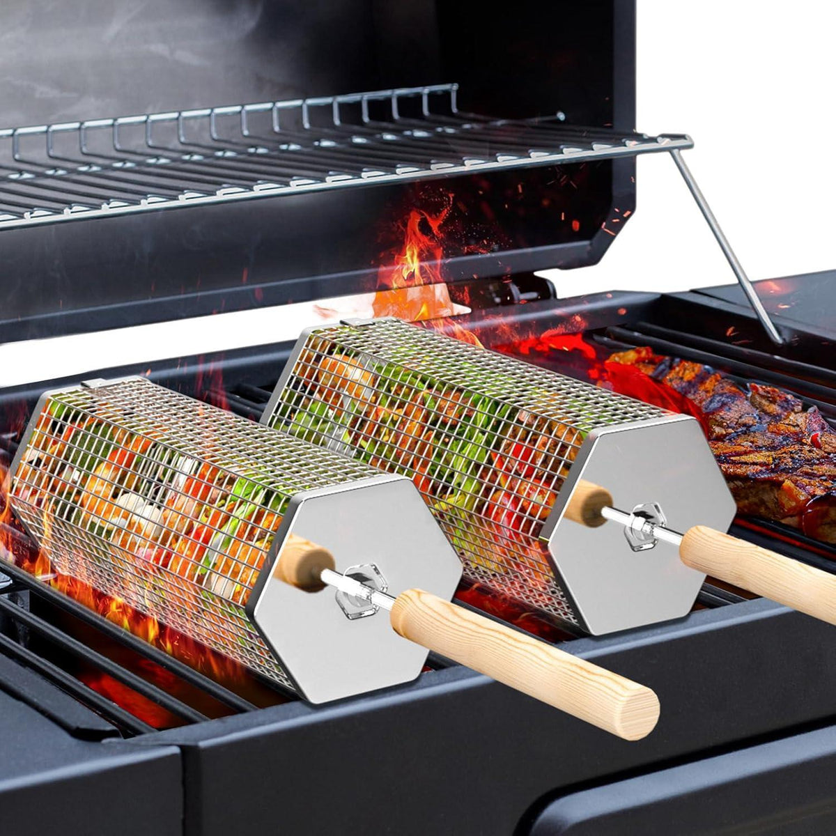 Rollender Grillkorb aus Edelstahl mit Holzgriff, 2 Sechseckig