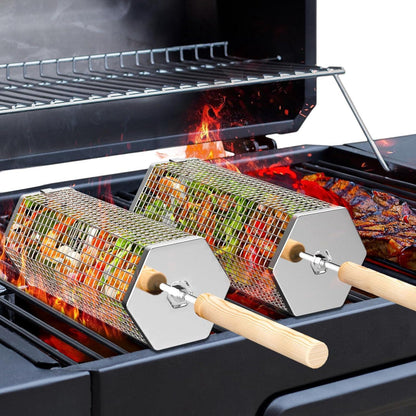 Rollender Grillkorb aus Edelstahl mit Holzgriff, 2 Sechseckig