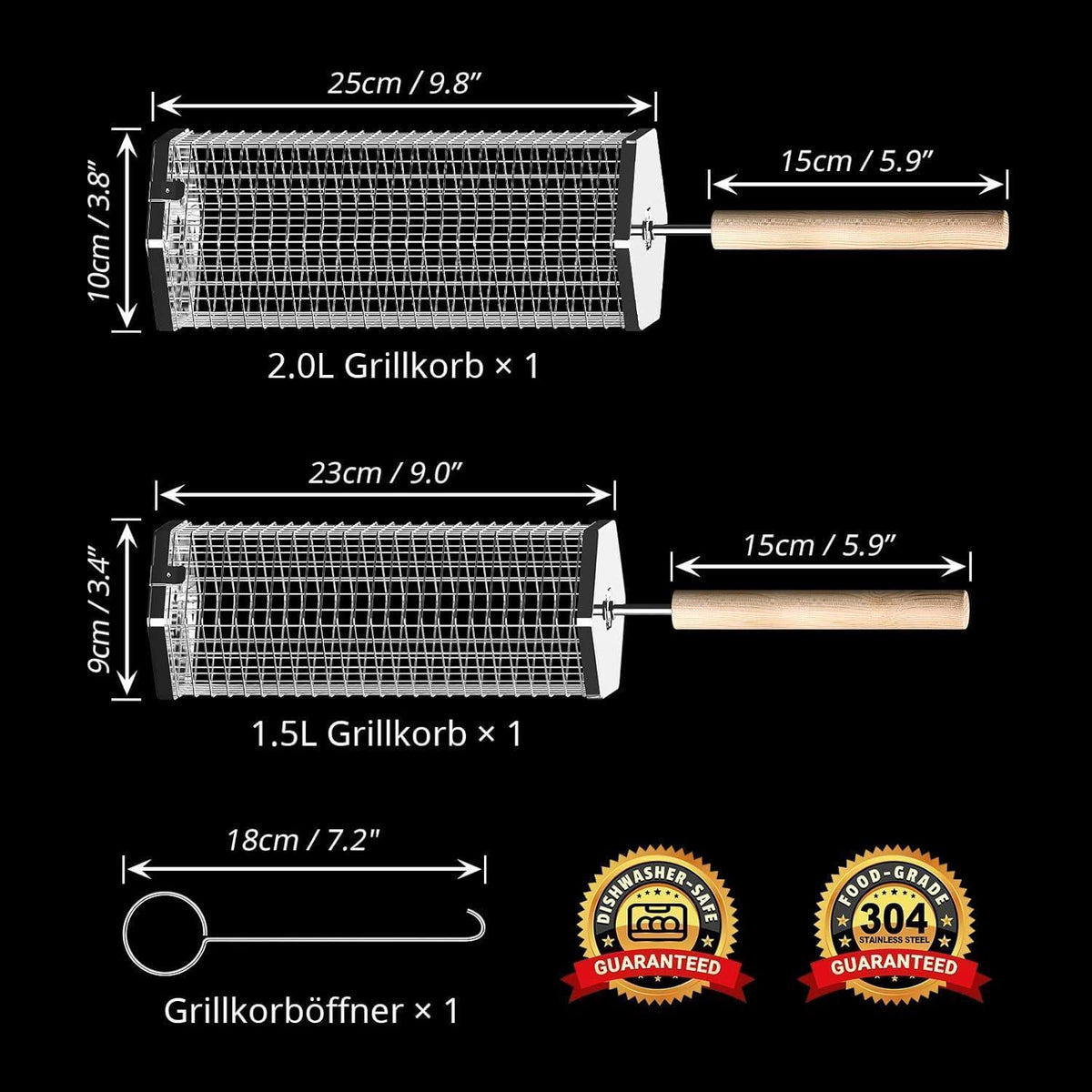 Rollender Grillkorb aus Edelstahl mit Holzgriff, 2 Sechseckig