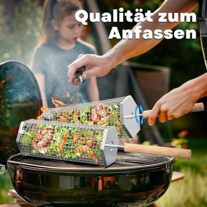 Rollender Grillkorb aus Edelstahl mit Holzgriff, 2 Sechseckig