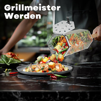 Rollender Grillkorb aus Edelstahl mit Holzgriff, 2 Sechseckig